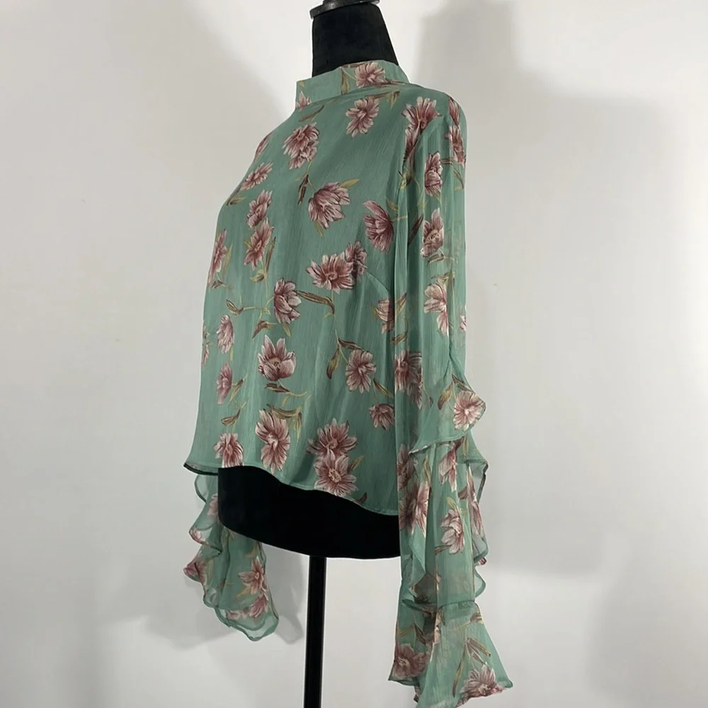 Floral Teal & Pink Sheer top,mock neck, long ruffle sleeve, flowy, XS - Picture 3 of 12